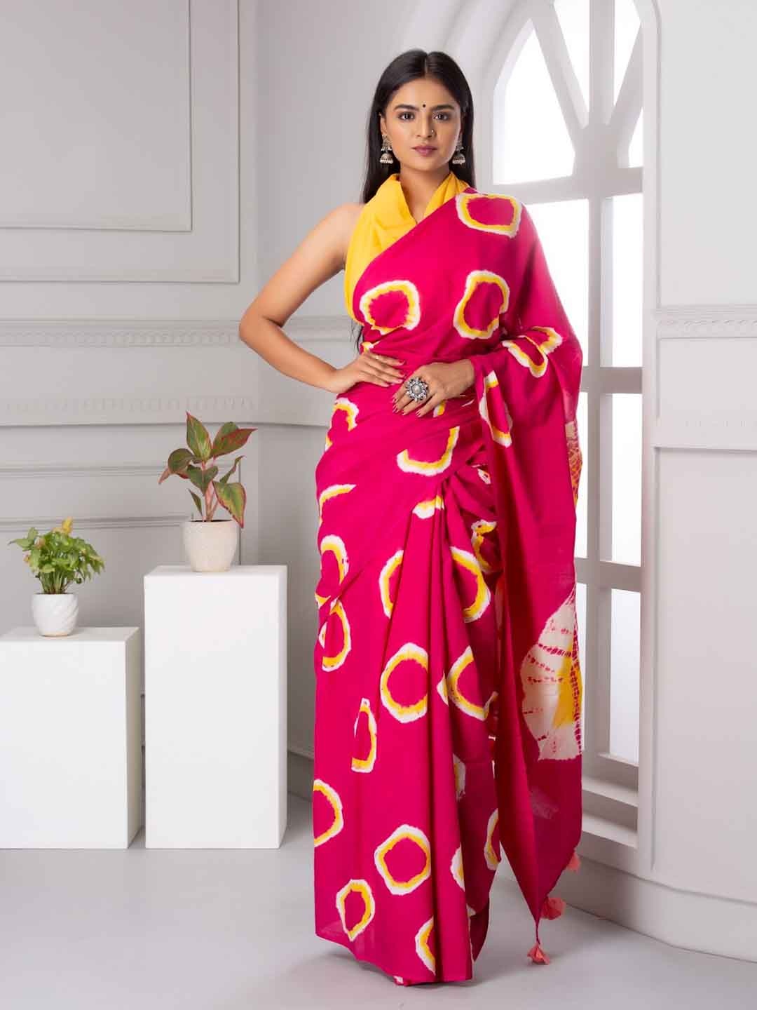 

TROPWEAR Tie and Dyed Cotton Mulmul Saree, Pink