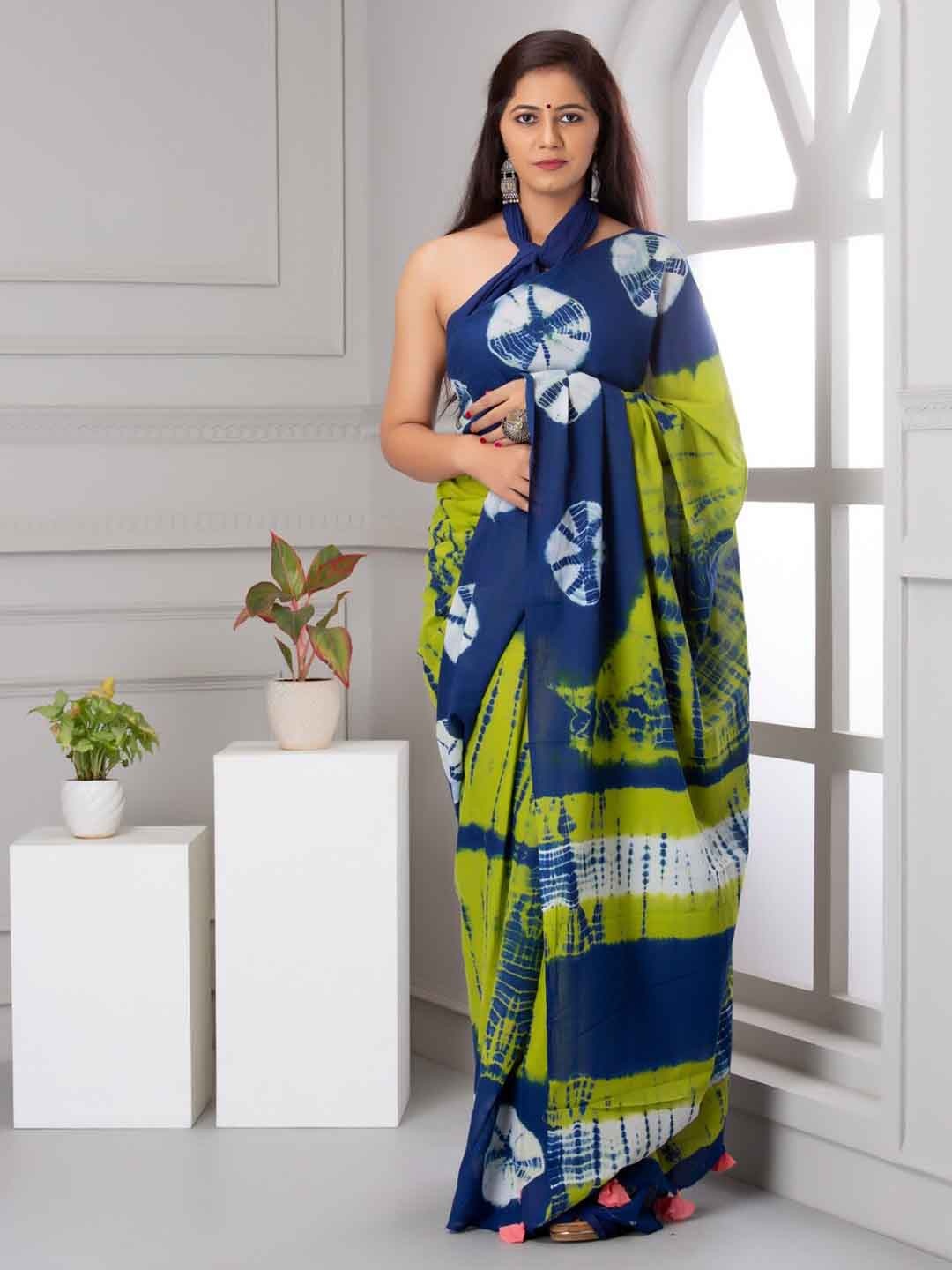 

TROPWEAR Tie & Dye Pure Cotton Block Print Saree, Green