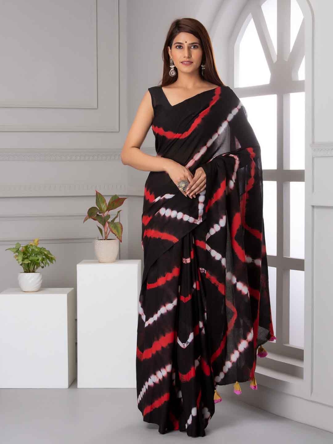 

TROPWEAR Tie & Dyed Pure Cotton Saree, Black