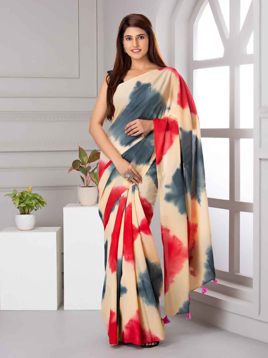 

TROPWEAR Tie & Dyed Pure Cotton Saree, Cream
