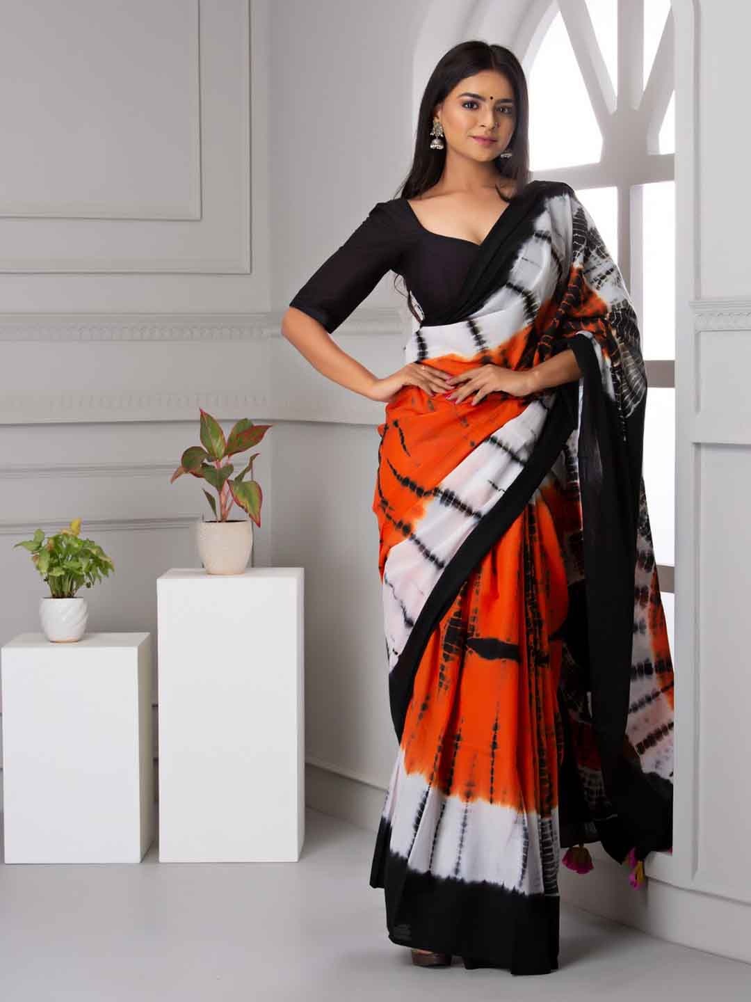 

TROPWEAR Tie and Dye Pure Cotton Block Print Saree, Maroon
