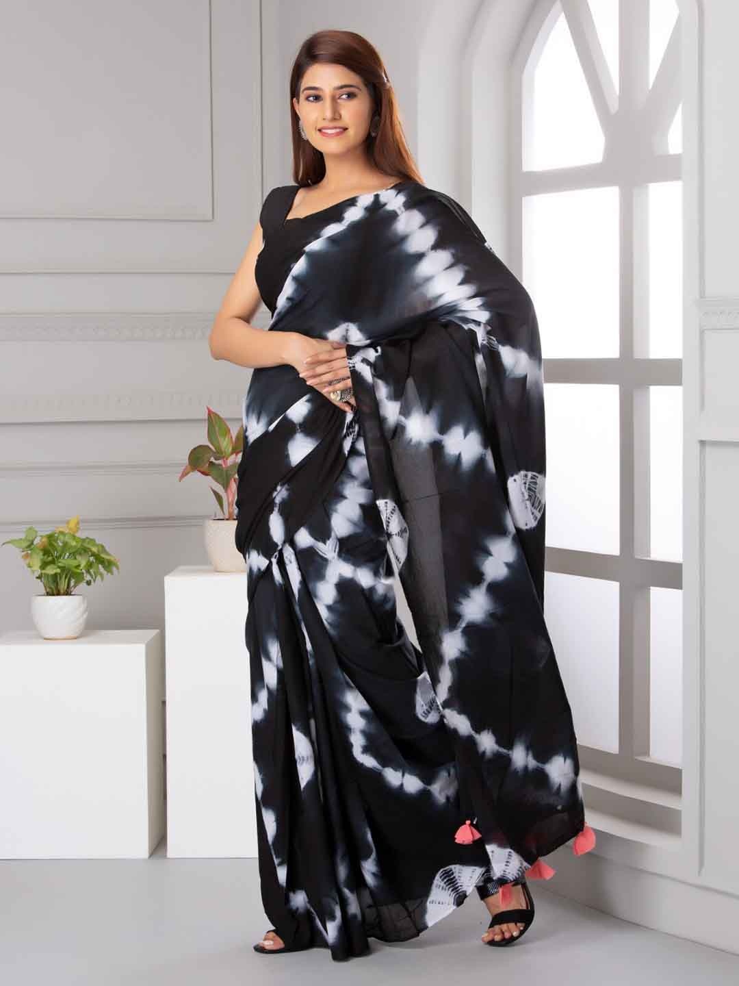 

TROPWEAR Tie and Dye Pure Cotton Block Print Saree, Black