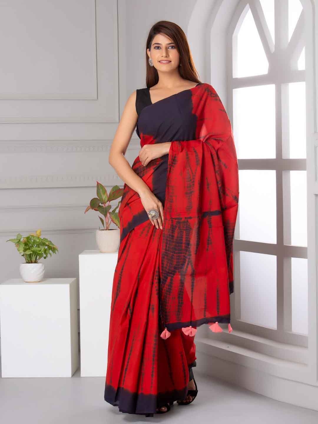 

TROPWEAR Tie And Dyed Pure Cotton Saree, Red