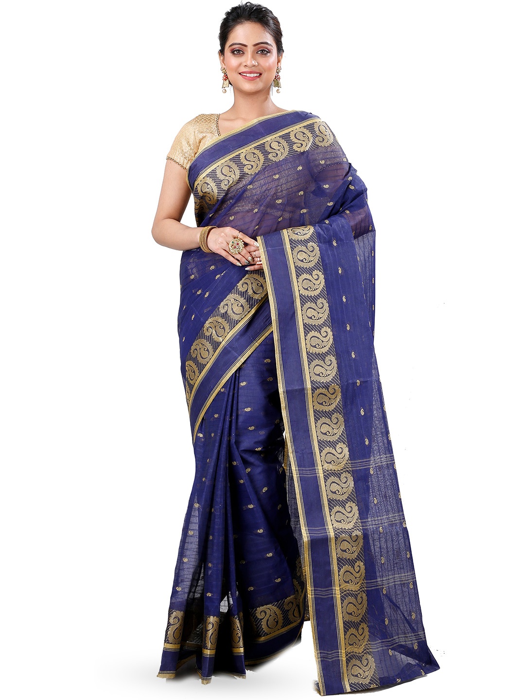 

DipDiya Ethnic Motifs Woven Design Zari Pure Cotton Taant Saree, Navy blue