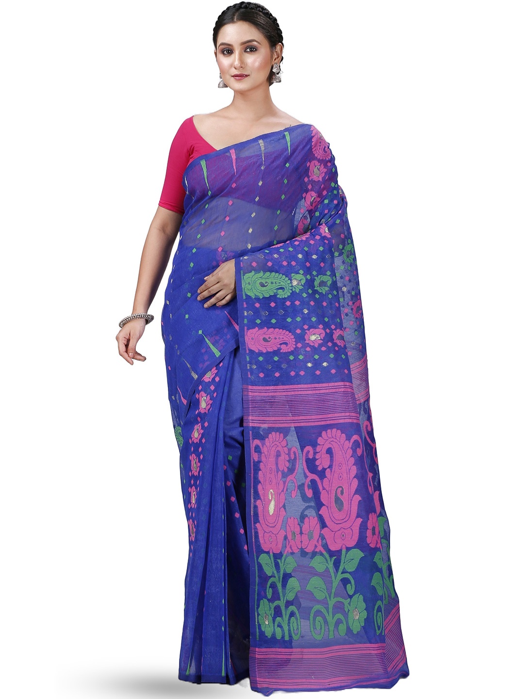 

DipDiya Ethnic Woven Design Pure Cotton Jamdani Saree, Blue