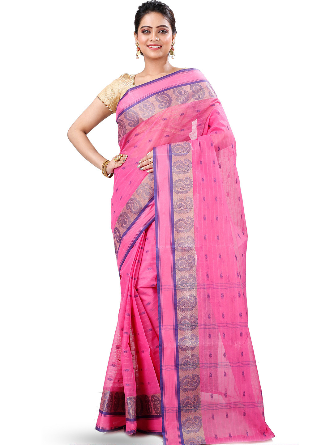 

DipDiya Ethnic Motifs Woven Design Pure Cotton Taant Saree, Pink