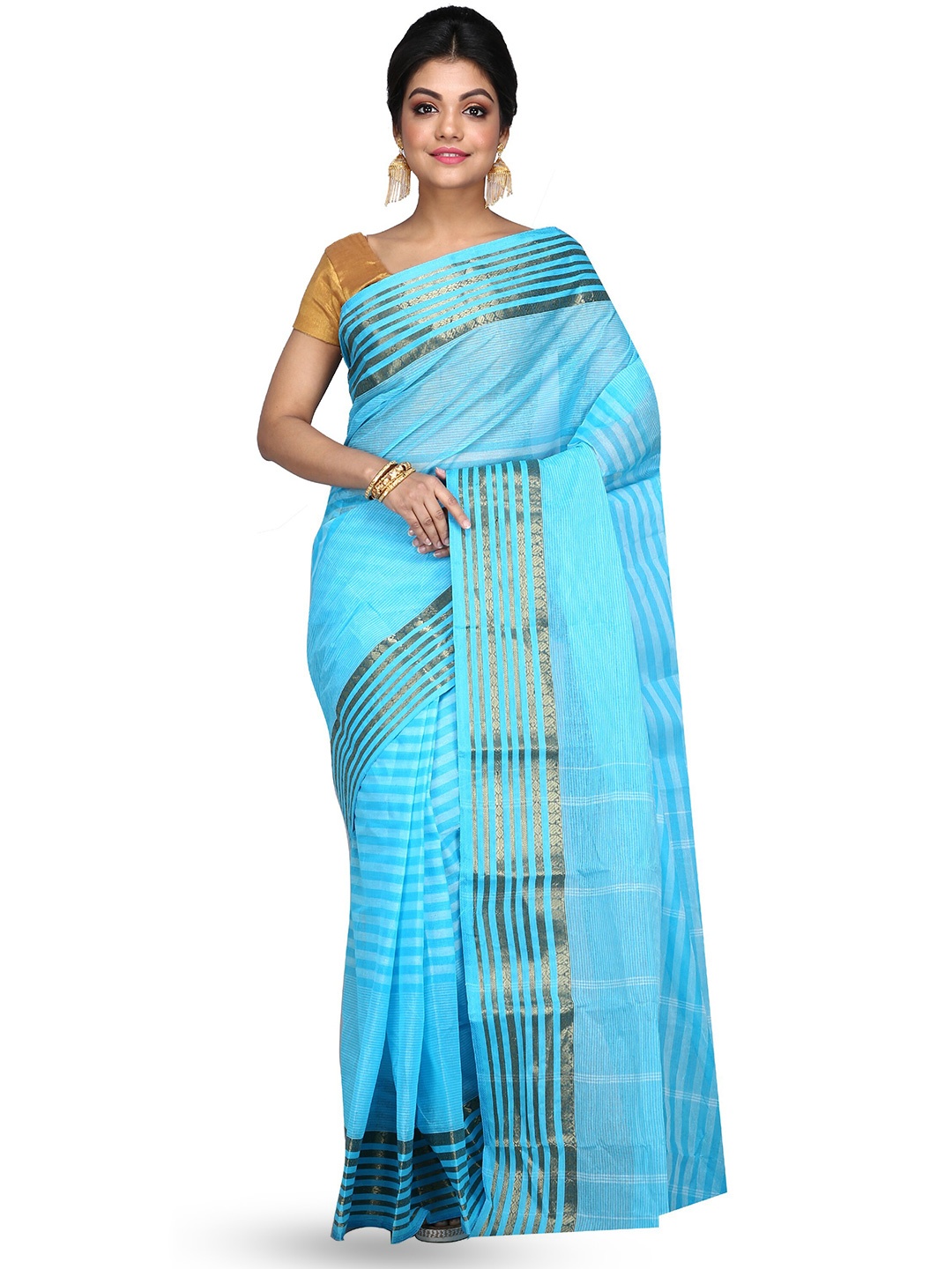 

DipDiya Striped Woven Design Zari Pure Cotton Taant Saree, Blue