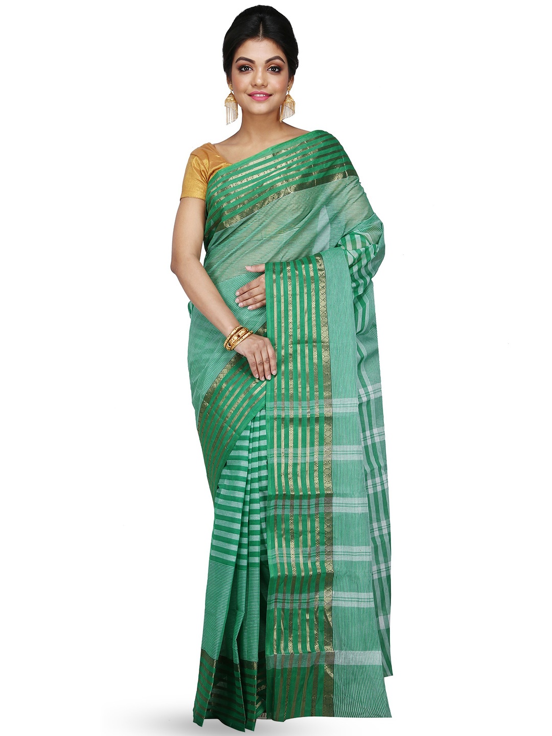 

DipDiya Striped Woven Design Zari Pure Cotton Taant Saree, Green