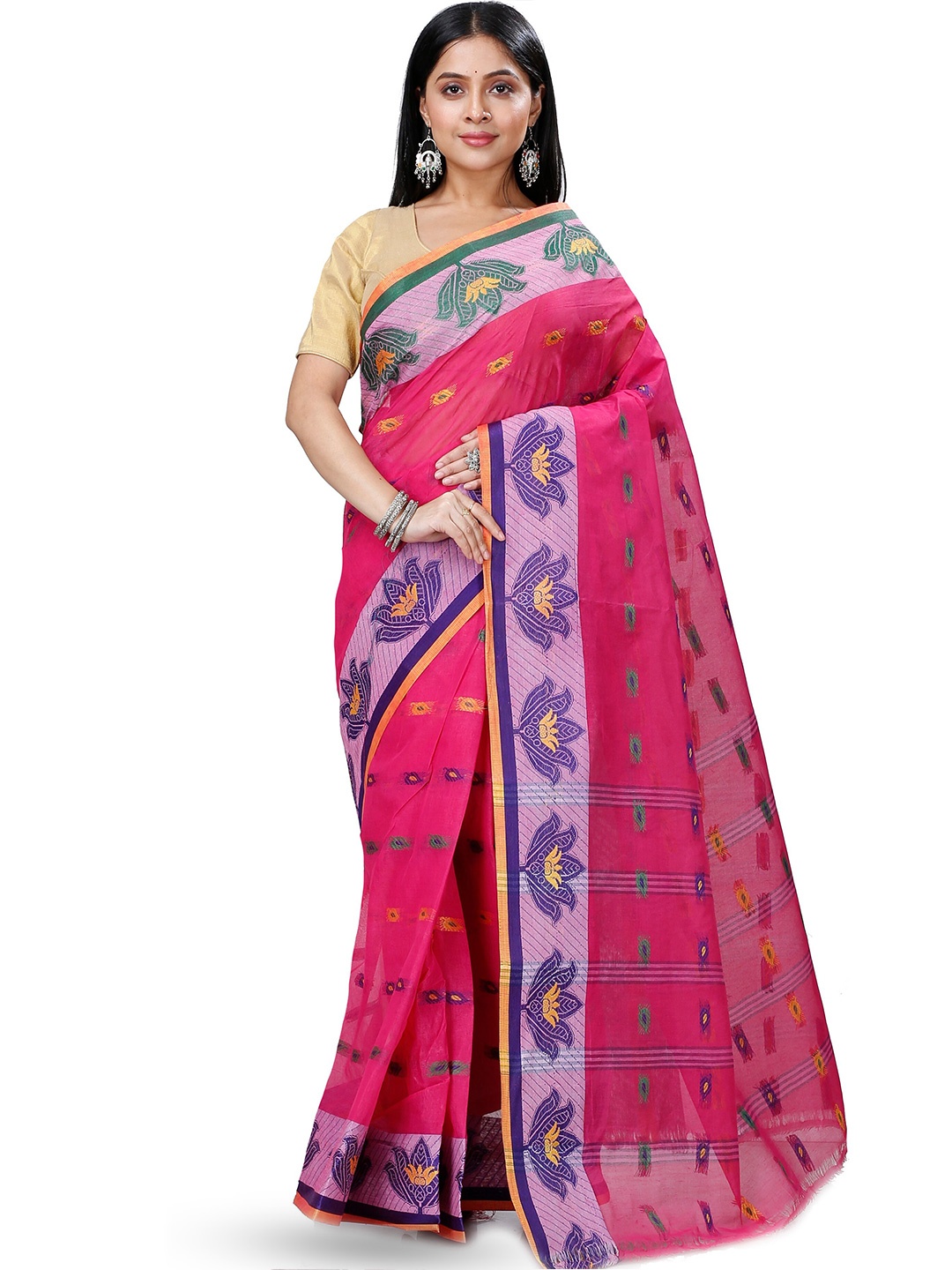 

DipDiya Ethnic Motifs Woven Design Pure Cotton Taant Saree, Pink