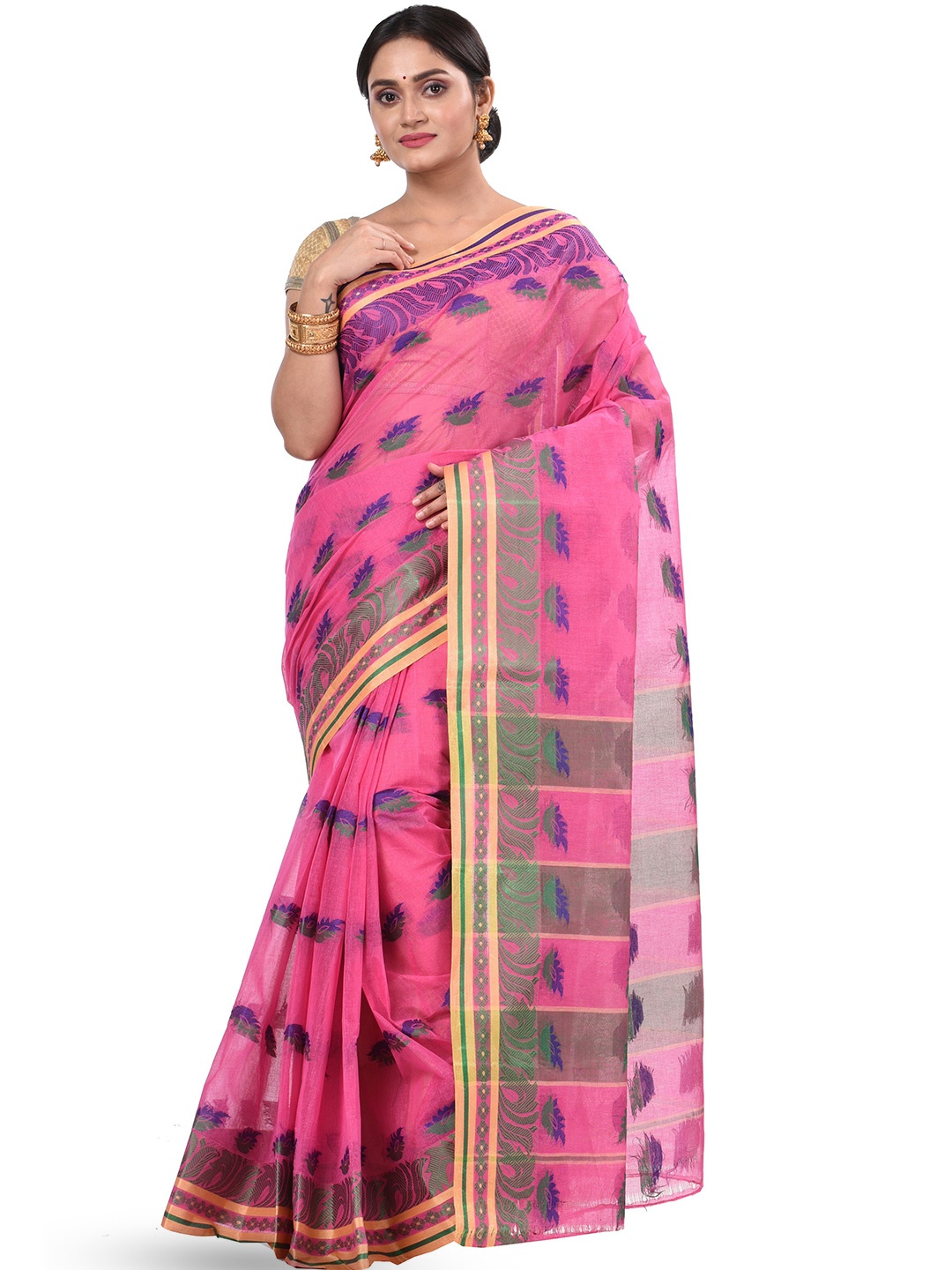 

DipDiya Ethnic Motifs Woven Design Pure Cotton Taant Saree, Pink