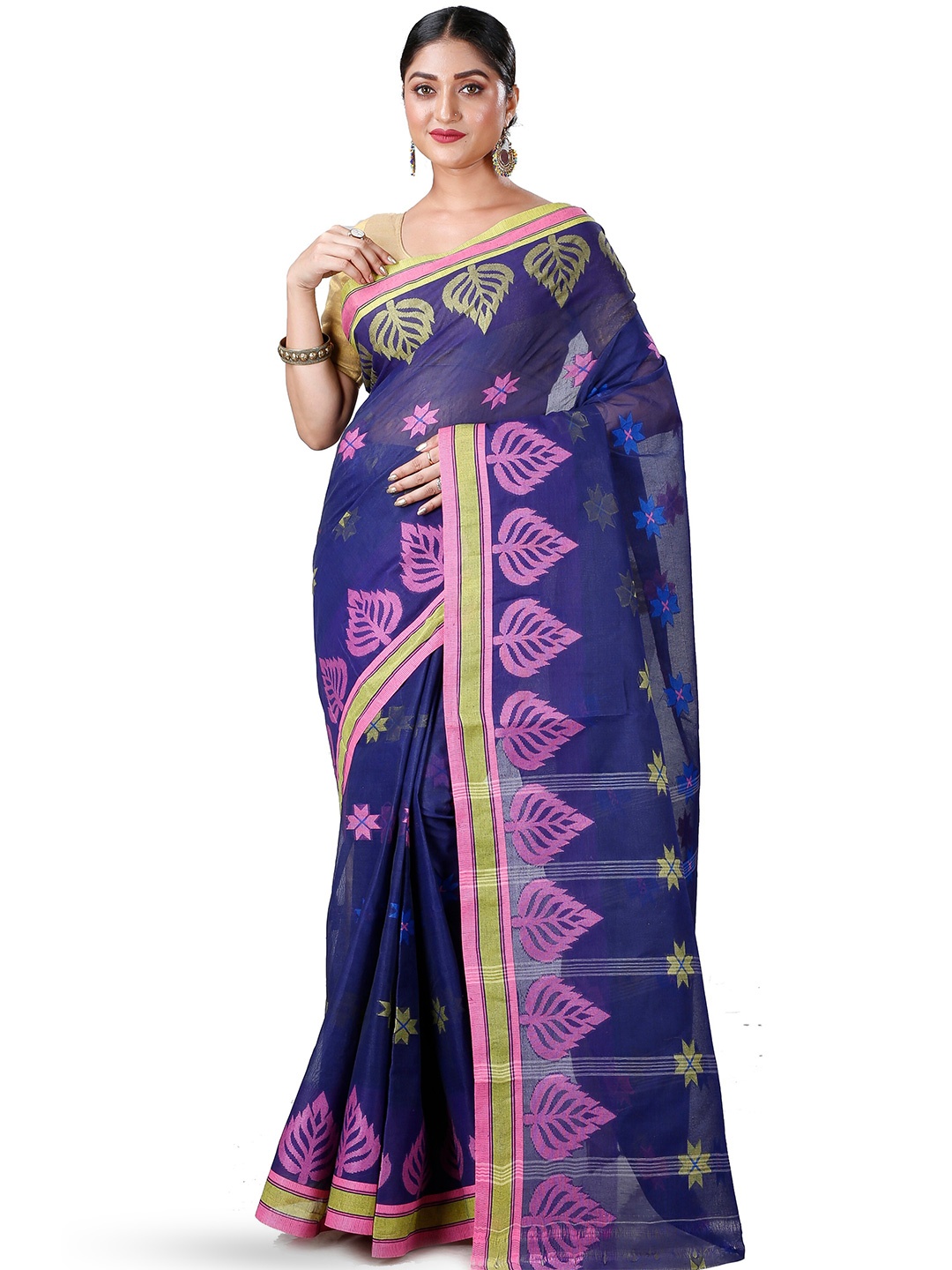 

DipDiya Floral Woven Design Zari Pure Cotton Taant Saree, Navy blue