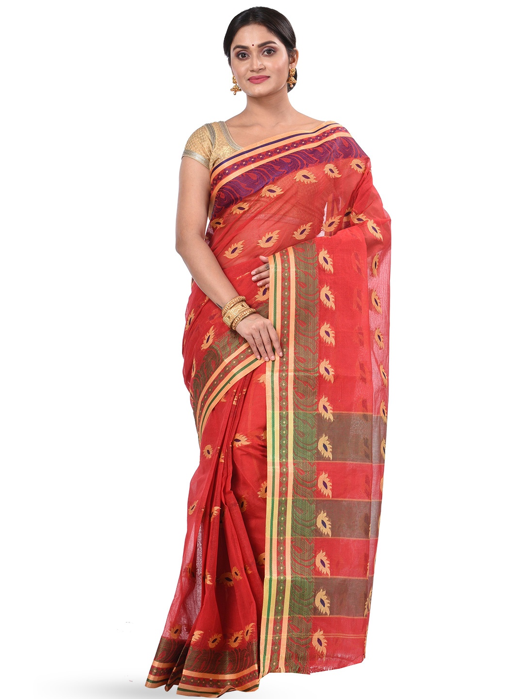 

DipDiya Ethnic Motifs Woven Design Pure Cotton Taant Saree, Red