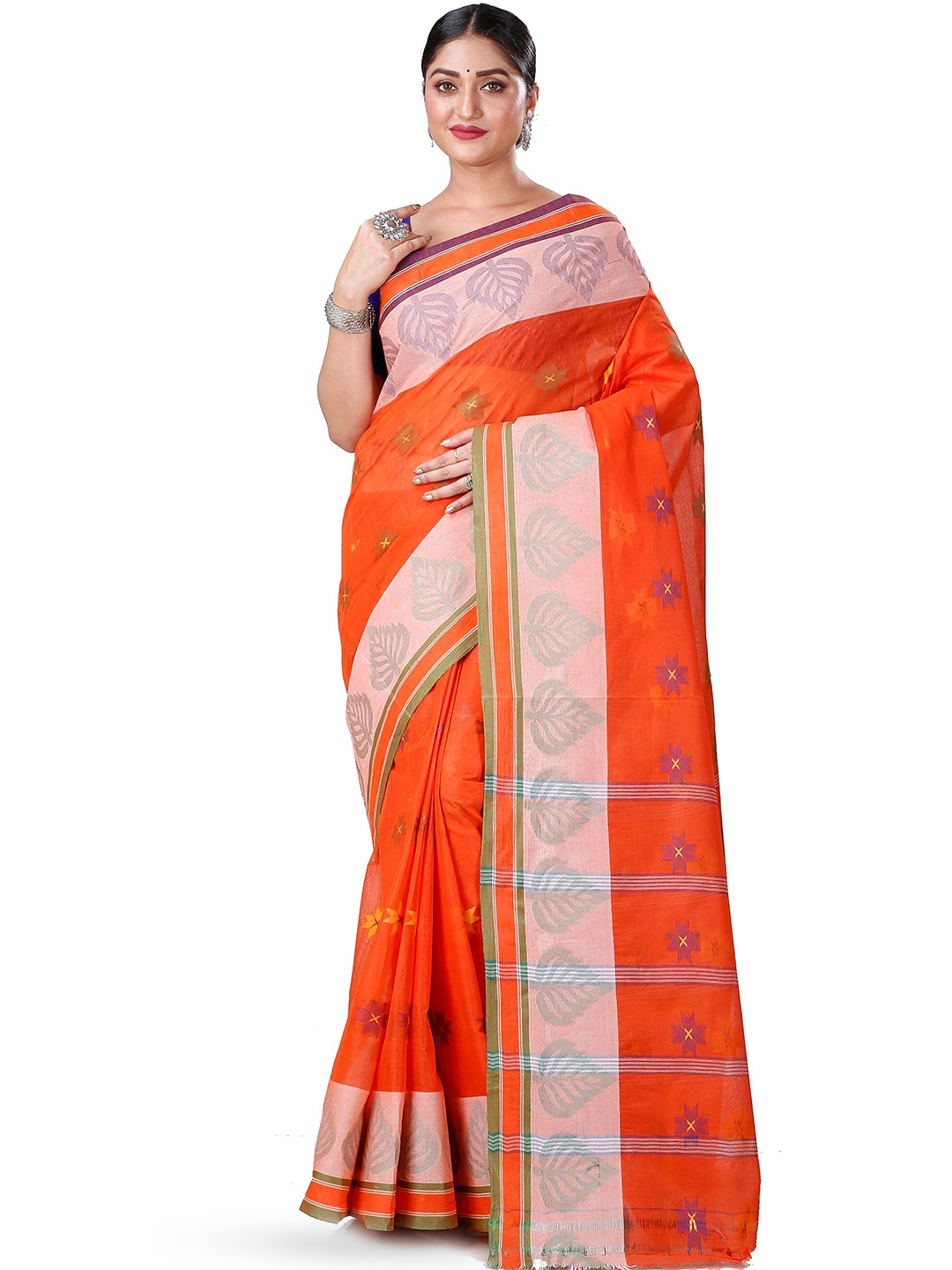 

DipDiya Ethnic Motifs Woven Design Pure Cotton Taant Saree, Orange