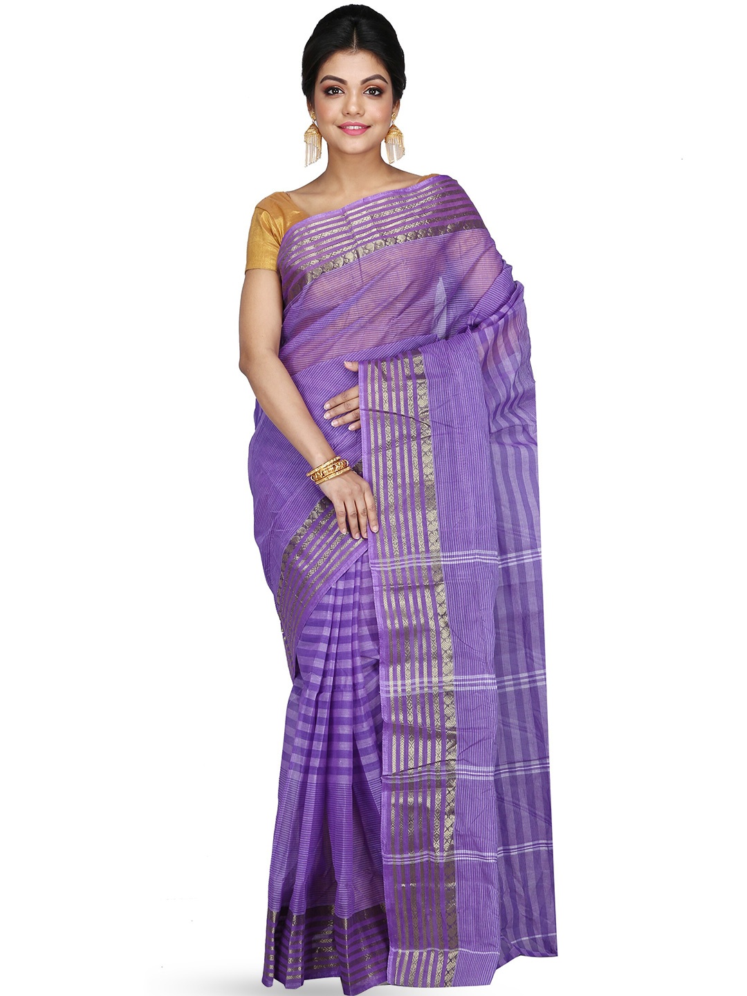 

DipDiya Striped Woven Design Zari Pure Cotton Taant Saree, Purple