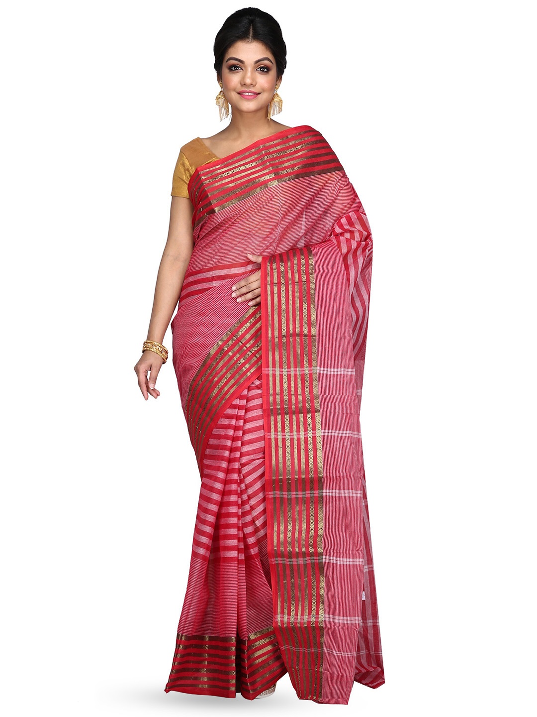 

DipDiya Striped Zari Pure Cotton Taant Saree, Red