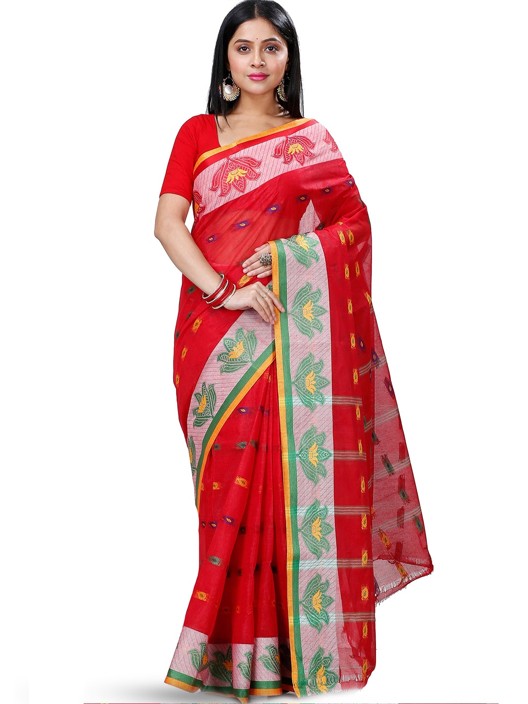 

DipDiya Ethnic Motifs Woven Design Pure Cotton Taant Saree, Red