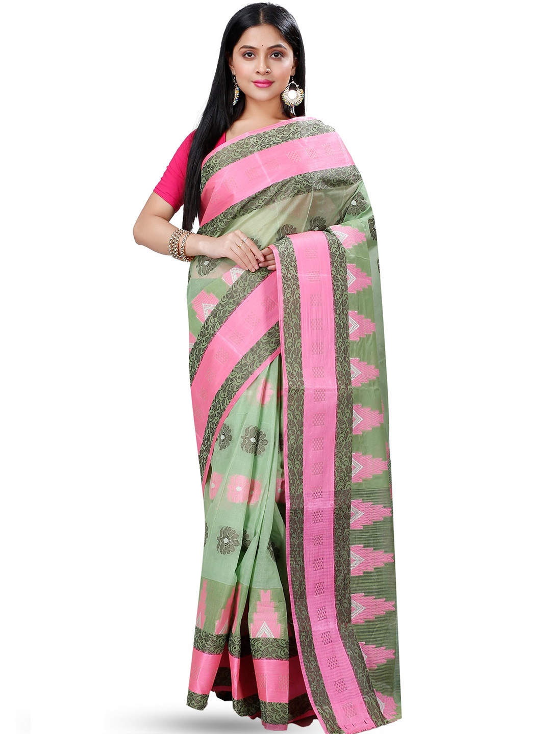 

DipDiya Ethnic Motifs Woven Design Pure Cotton Taant Saree, Green