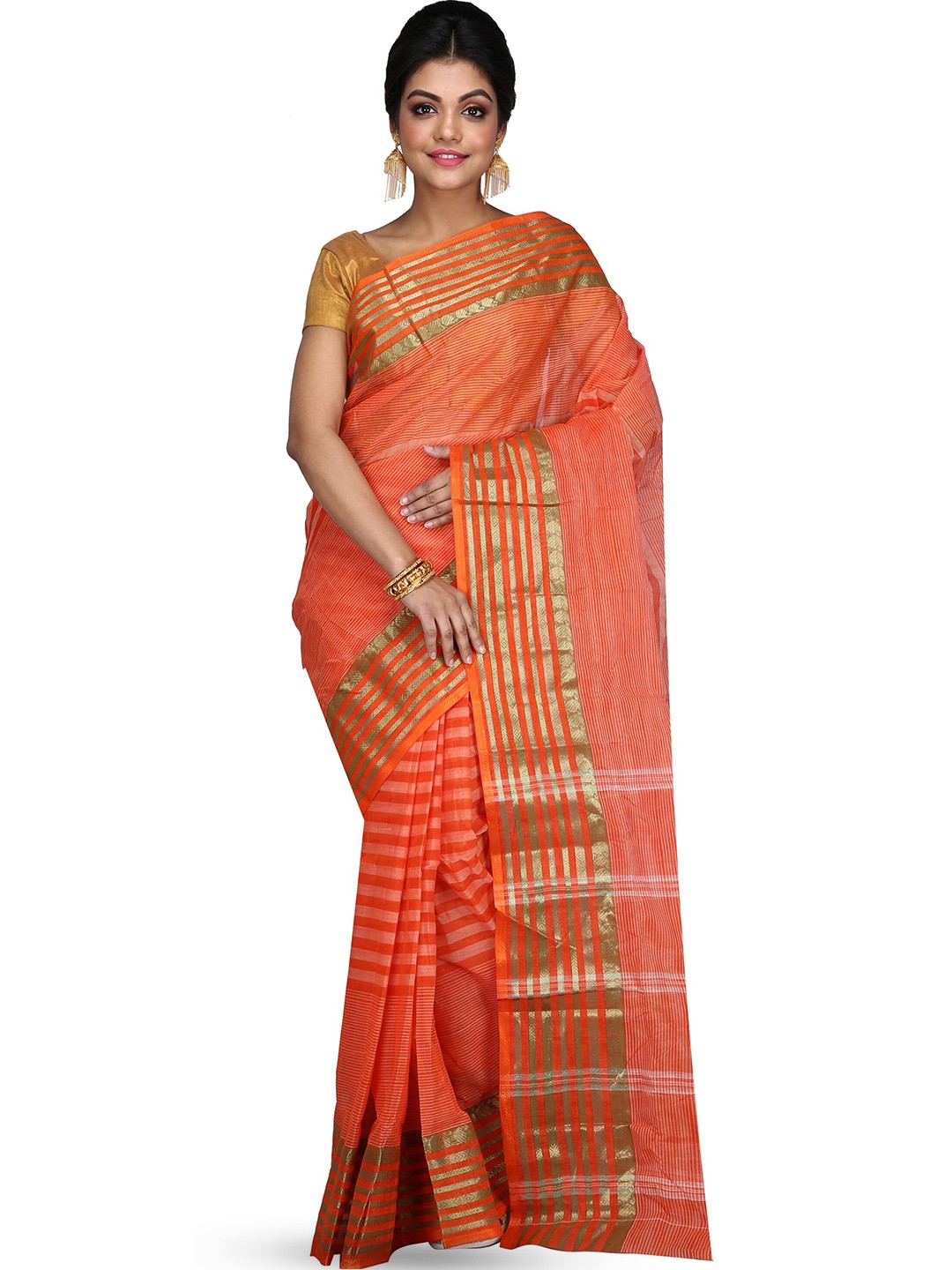 

DipDiya Striped Zari Pure Cotton Taant Saree, Orange