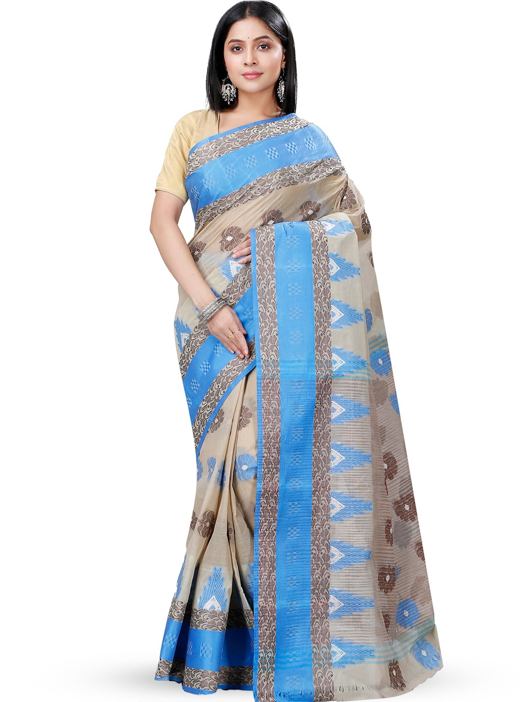 

DipDiya Ethnic Motifs Woven Design Zari Pure Cotton Taant Saree, Grey