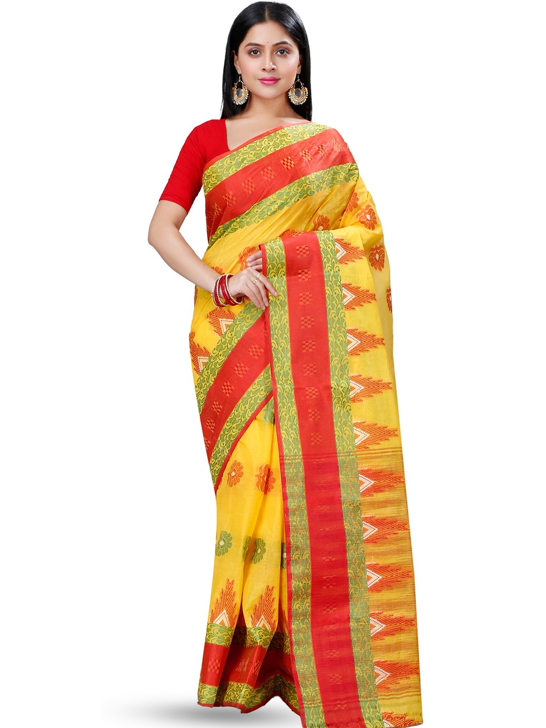 

DipDiya Floral Woven Design Pure Cotton Taant Saree, Yellow