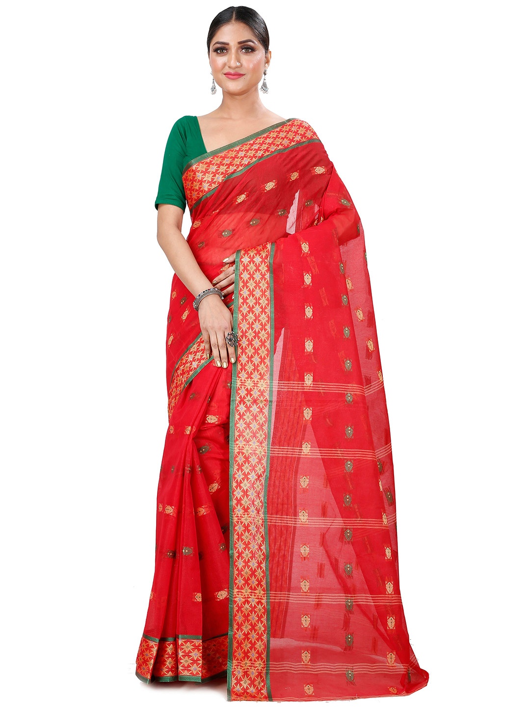 

DipDiya Ethnic Motifs Woven Design Zari Pure Cotton Taant Saree, Red