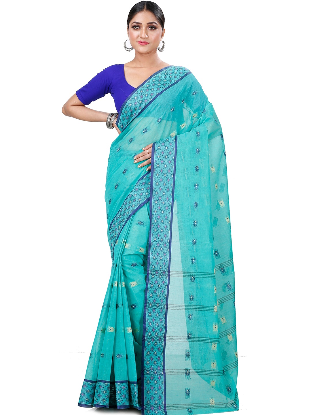 

DipDiya Ethnic Motifs Woven Design Zari Pure Cotton Taant Saree, Sea green