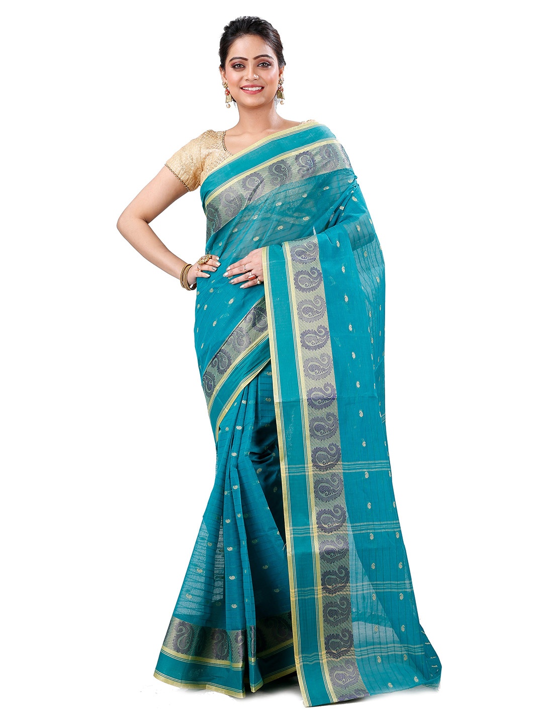 

DipDiya Ethnic Motifs Woven Design Pure Cotton Taant Saree, Blue