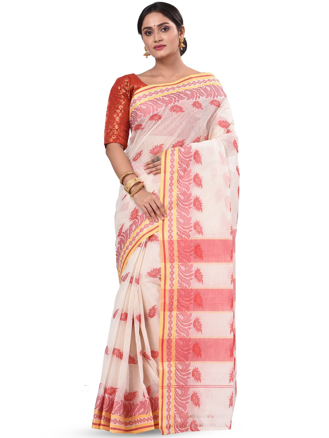 

DipDiya Ethnic Motifs Woven Design Pure Cotton Taant Saree, White