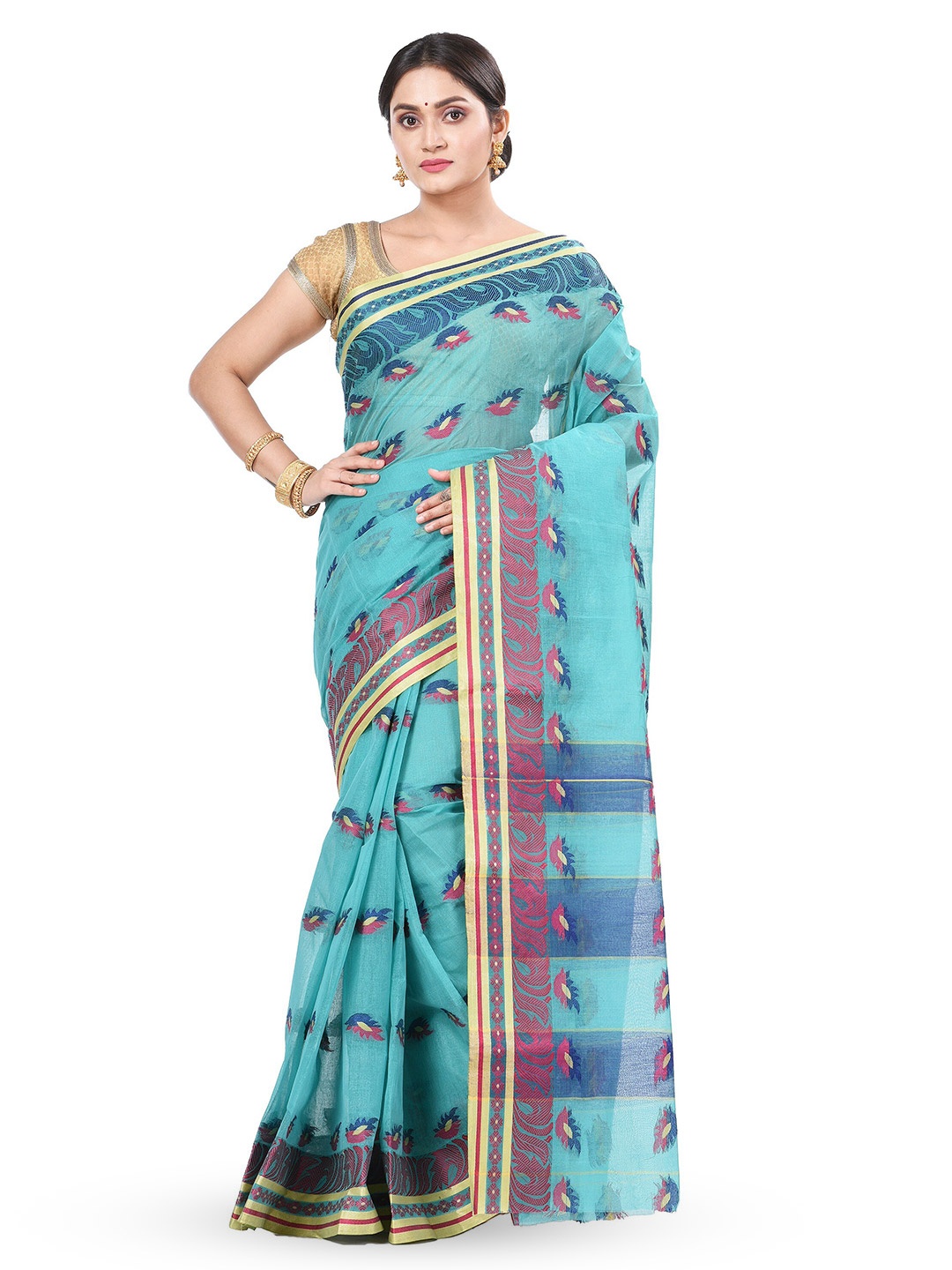 

DipDiya Woven Design Zari Pure Cotton Taant Saree, Sea green