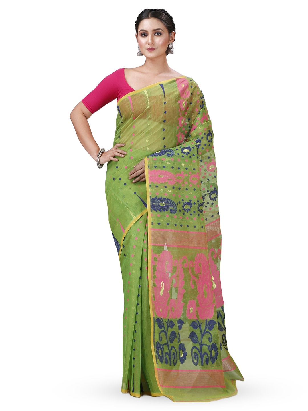 

DipDiya Bandhani Print Zari Pure Cotton Jamdani Saree, Green