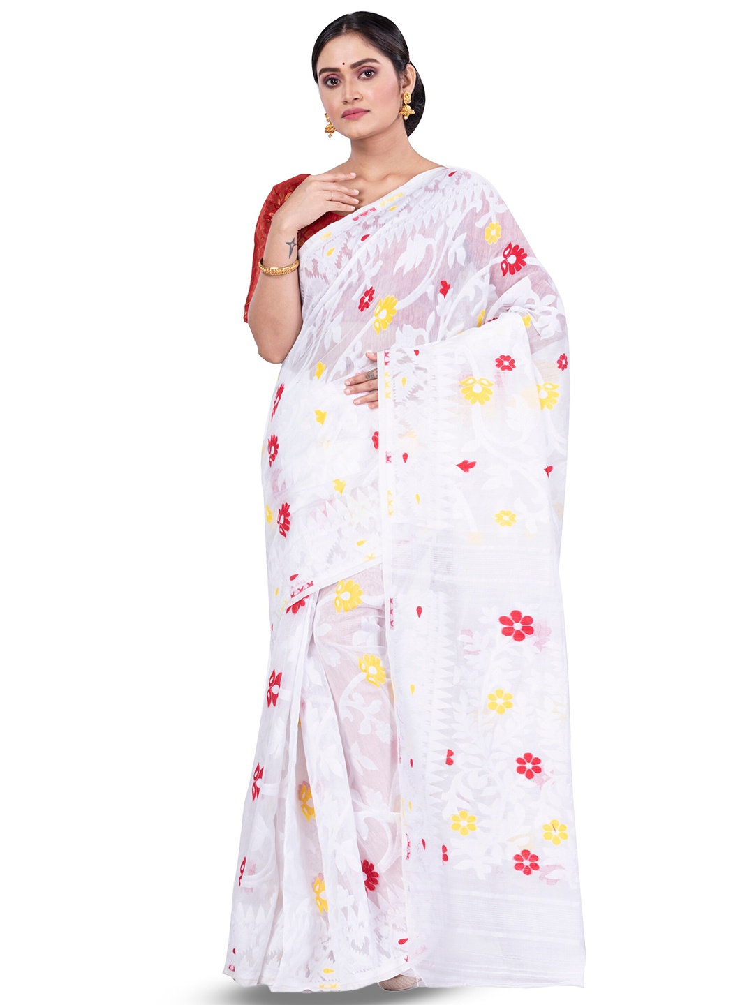 

DipDiya Floral Woven Design Pure Cotton Jamdani Saree, White