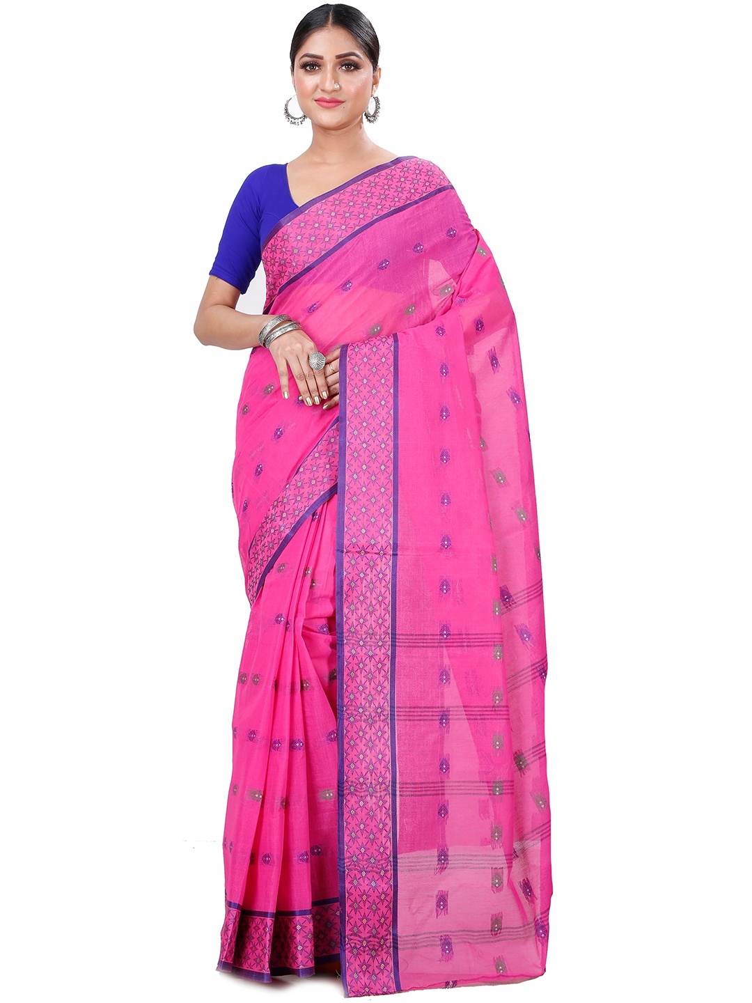 

DipDiya Ethnic Motifs Woven Design Zari Pure Cotton Taant Saree, Pink