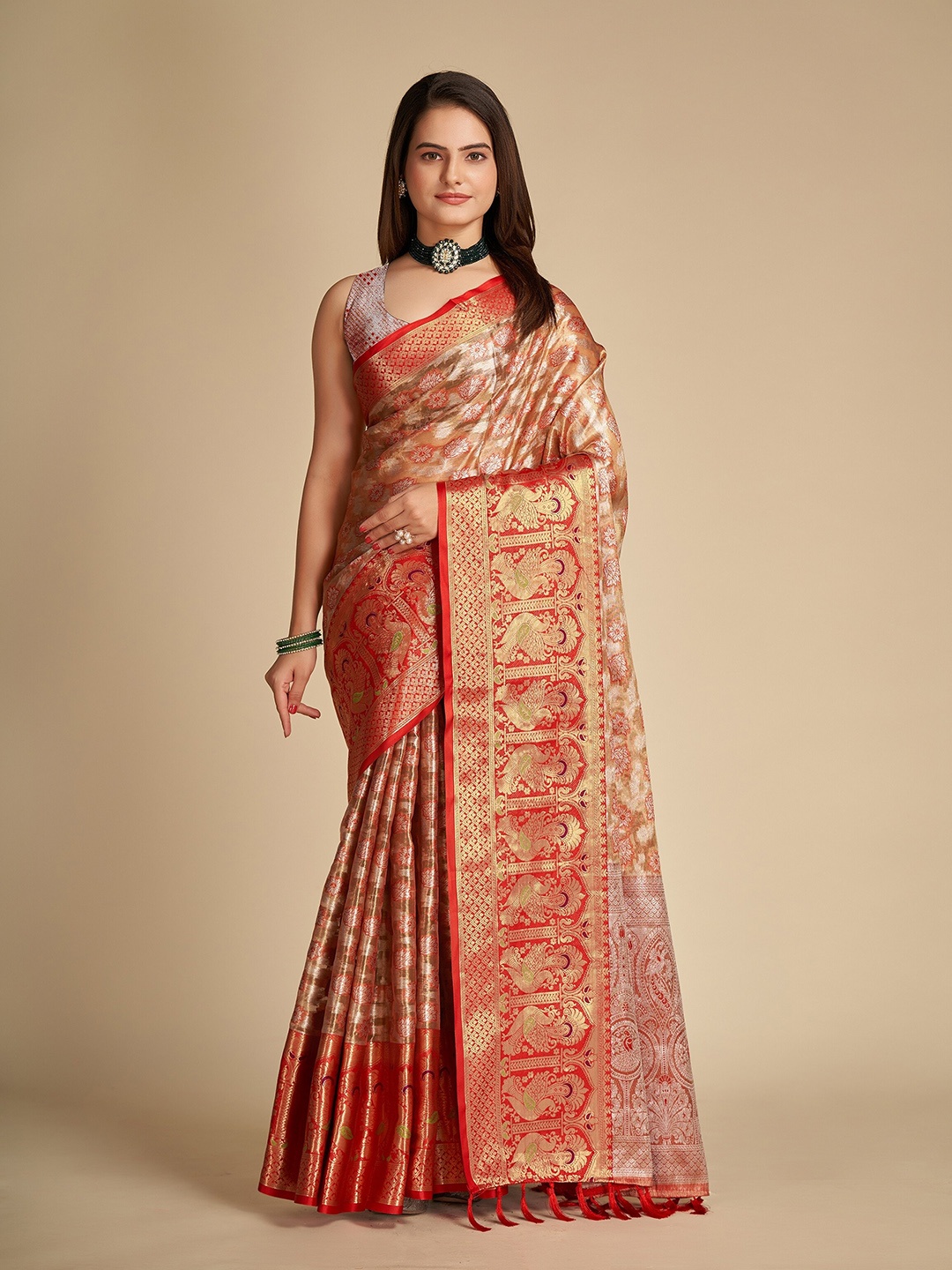 

VEDANT VASTRAM Ethnic Motifs Woven Design Zari Silk Blend Banarasi Saree, Red