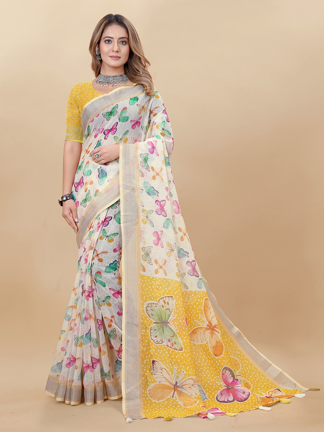 

VEDANT VASTRAM Ethnic Motifs Printed Zari Pure Linen Saree, Yellow