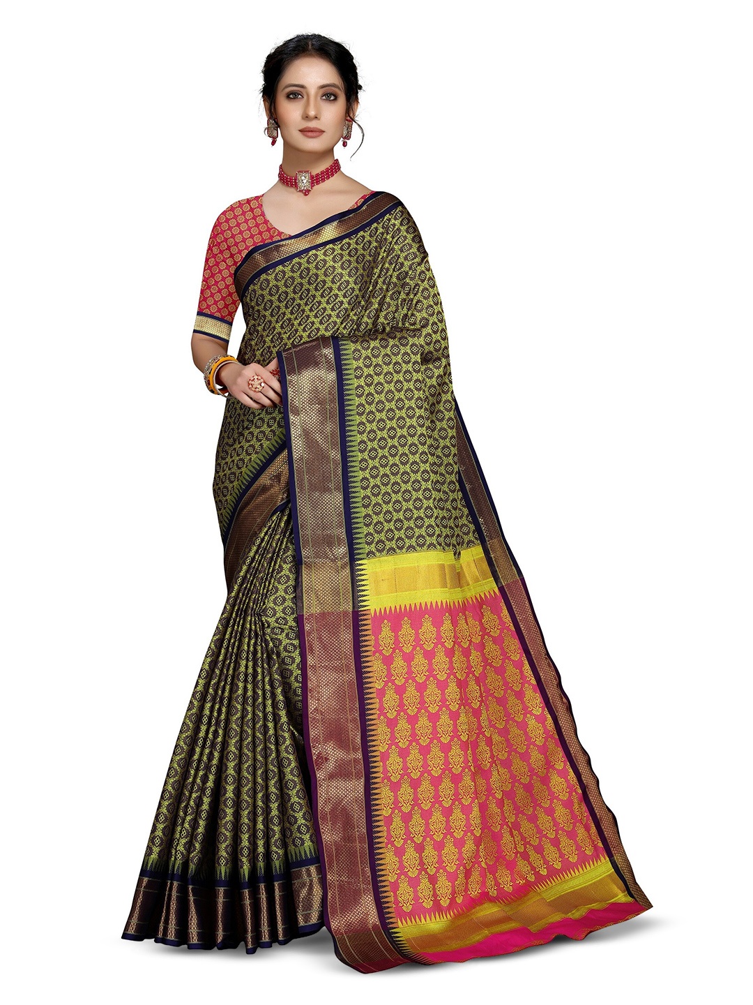 

VEDANT VASTRAM Ethnic Motifs Woven Design Zari Banarasi Saree, Olive