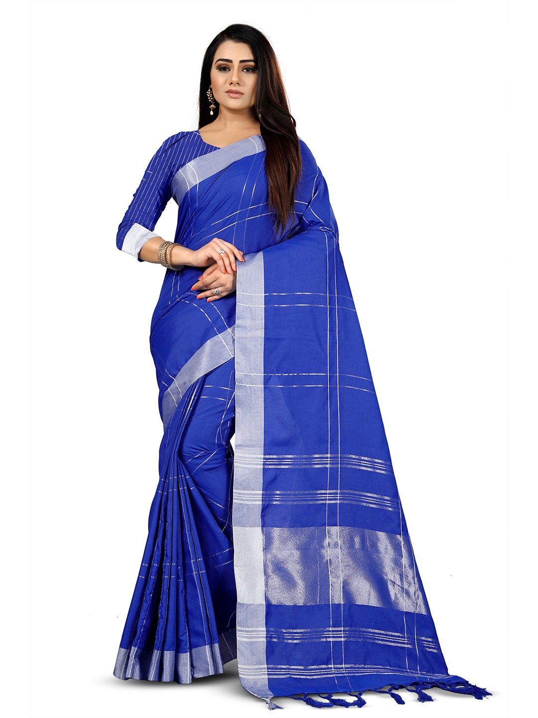 

VEDANT VASTRAM Checked Zari Silk Cotton Banarasi Saree, Blue