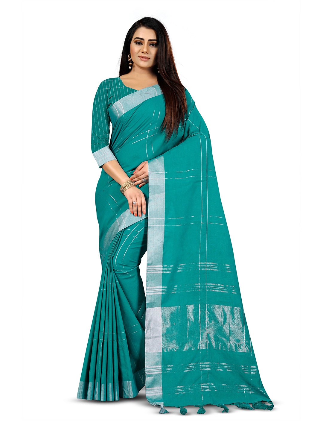 

VEDANT VASTRAM Checked Zari Silk Cotton Banarasi Saree, Teal