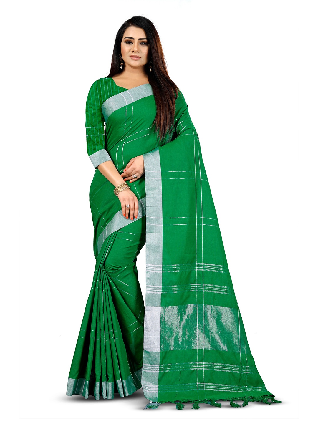 

VEDANT VASTRAM Geometric Woven Design Zari Silk Cotton Banarasi Saree, Green