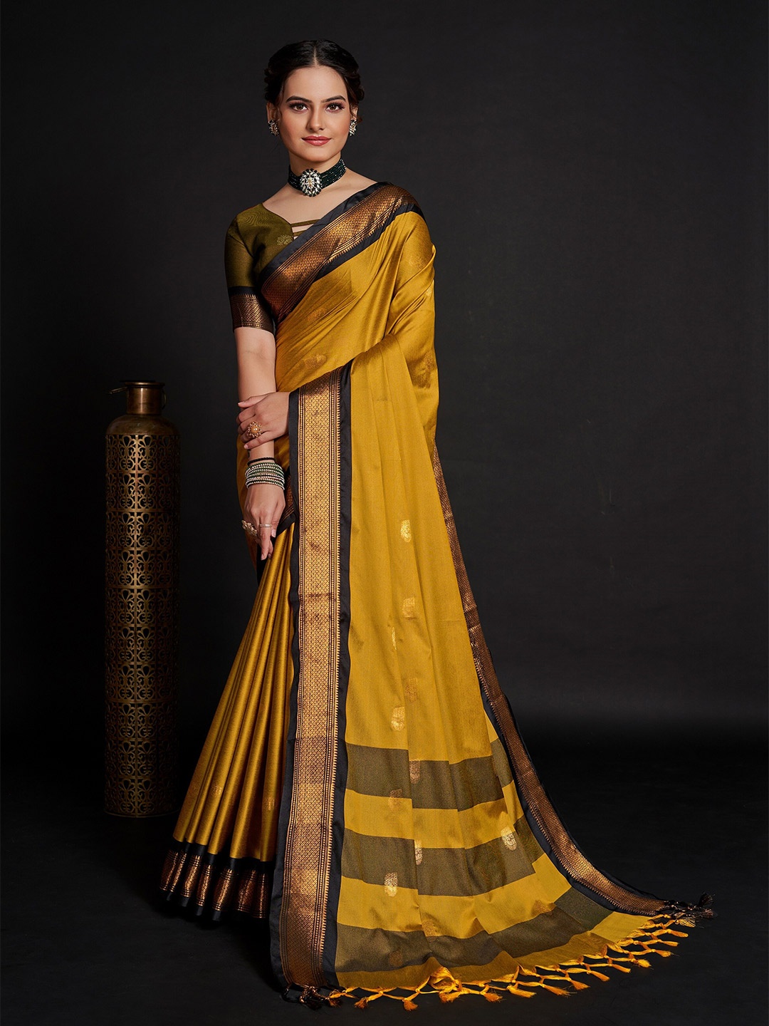 

VEDANT VASTRAM Ethnic Motifs Woven Design Zari Silk Blend Banarasi Saree, Mustard