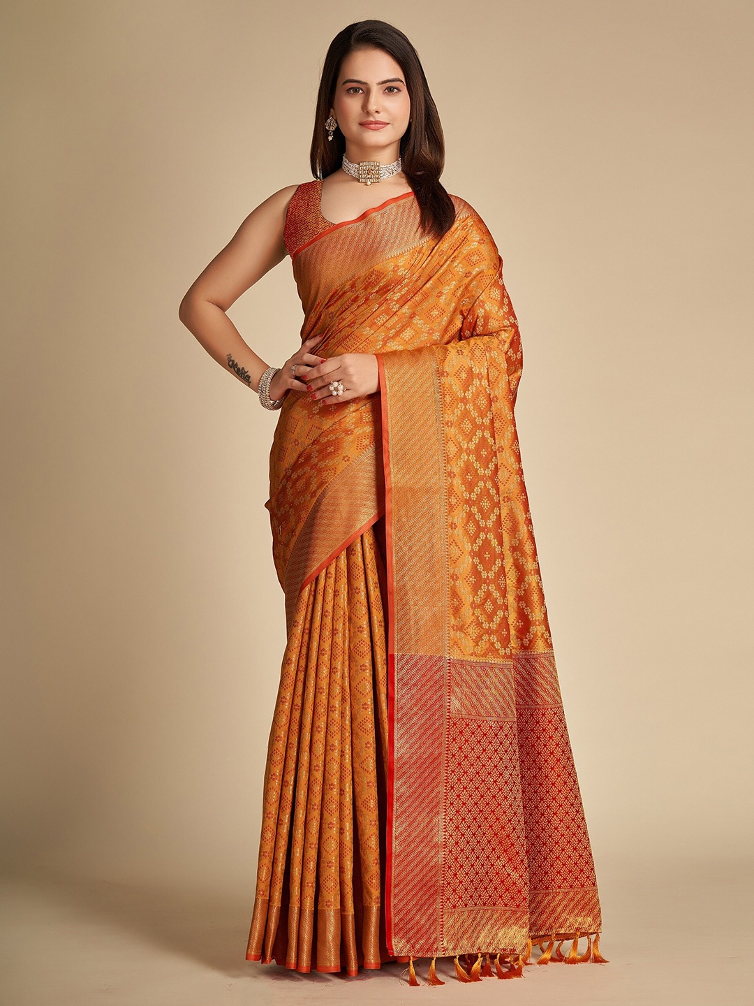 

VEDANT VASTRAM Ethni Motifs Woven Design Zari Detail Patola Saree, Orange