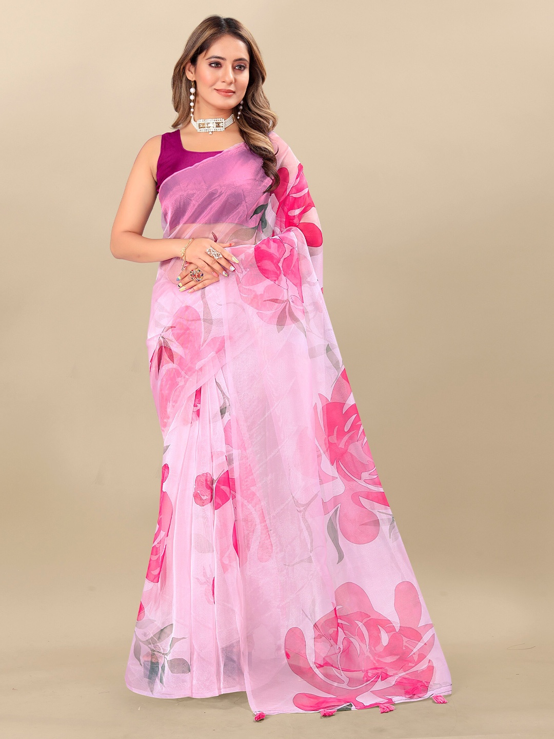 

VEDANT VASTRAM Floral Printed Organza Saree, Pink