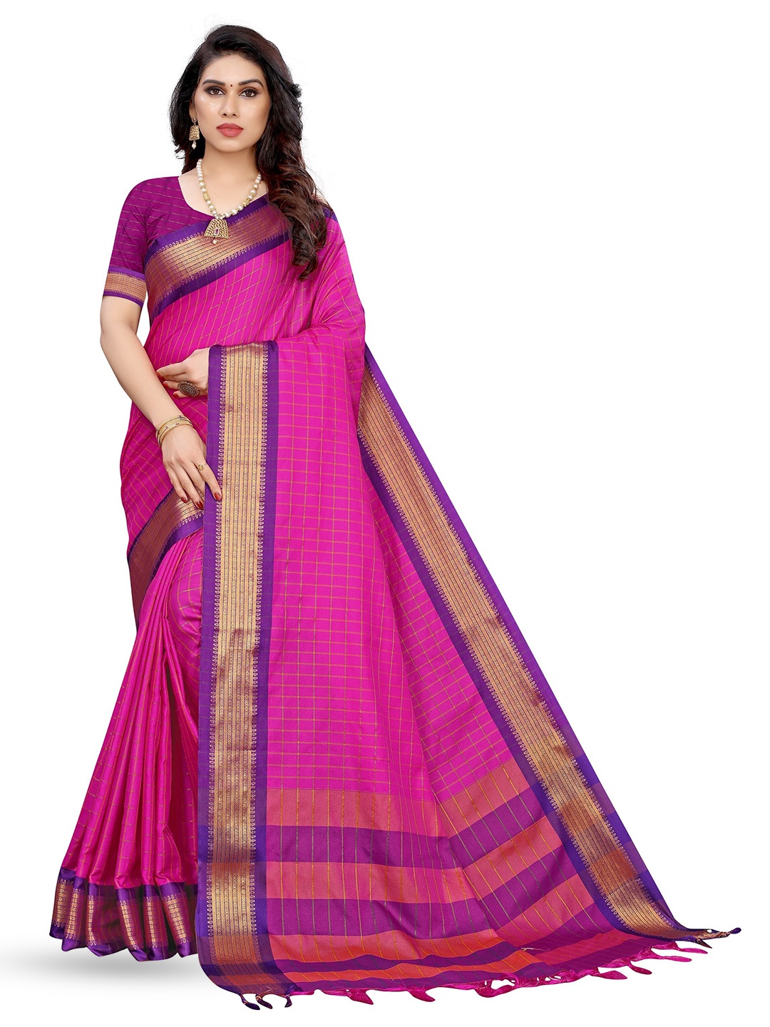 

VEDANT VASTRAM Checked Woven Design Zari Kanjeevaram Saree, Pink