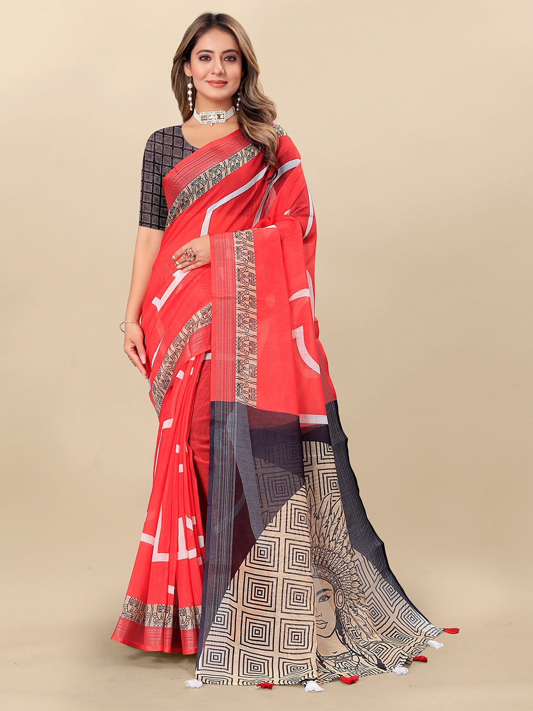 

VEDANT VASTRAM Ethnic Motifs Printed Pure Linen Saree, Red