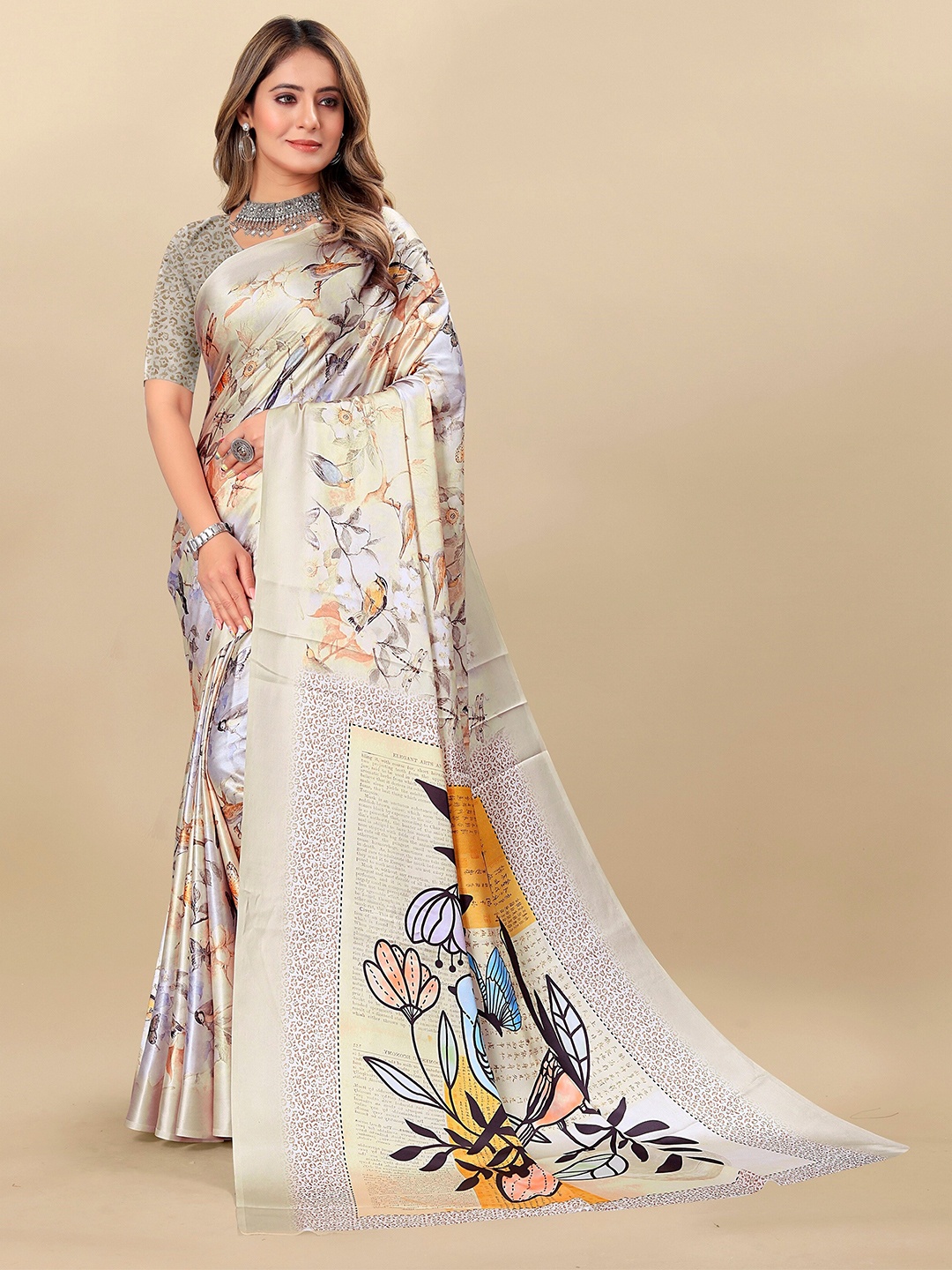 

VEDANT VASTRAM Ethnic Motifs Printed Satin Saree, Cream