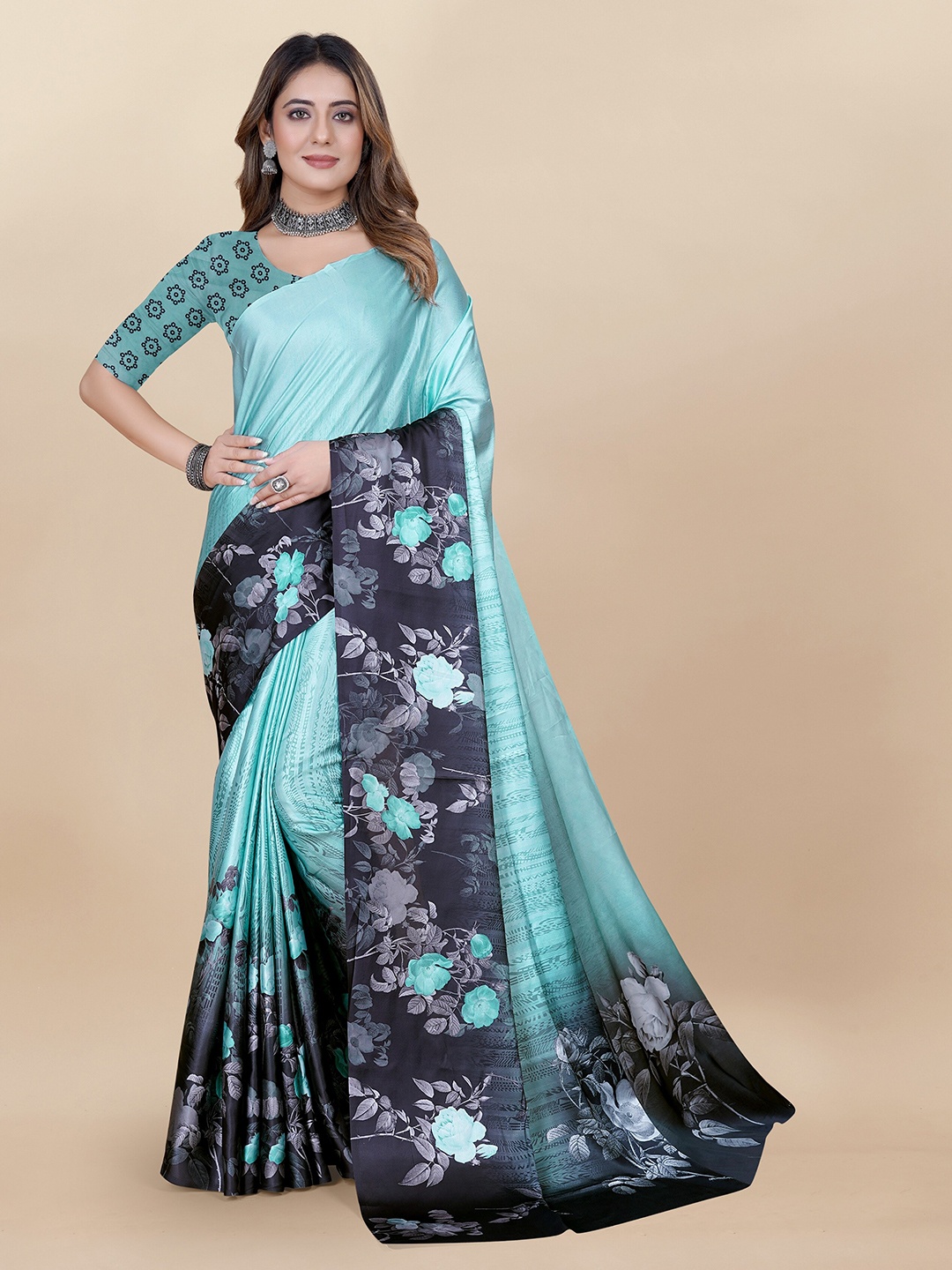 

VEDANT VASTRAM Floral Printed Satin Silk Saree, Turquoise blue