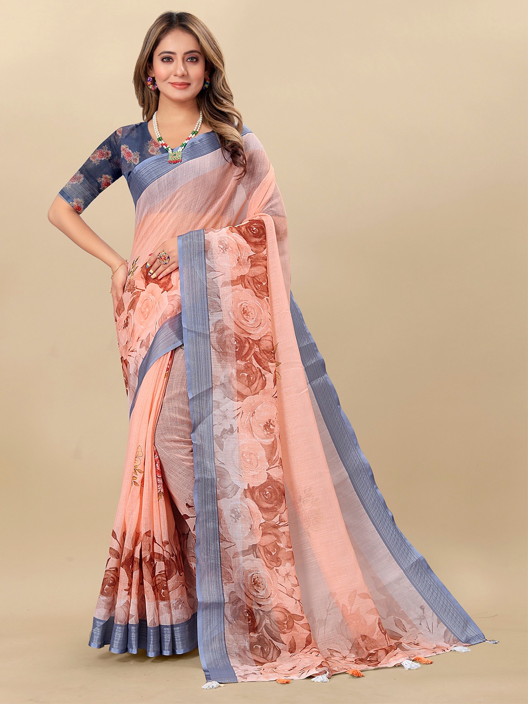 

VEDANT VASTRAM Floral Printed Zari Pure Linen Saree, Orange