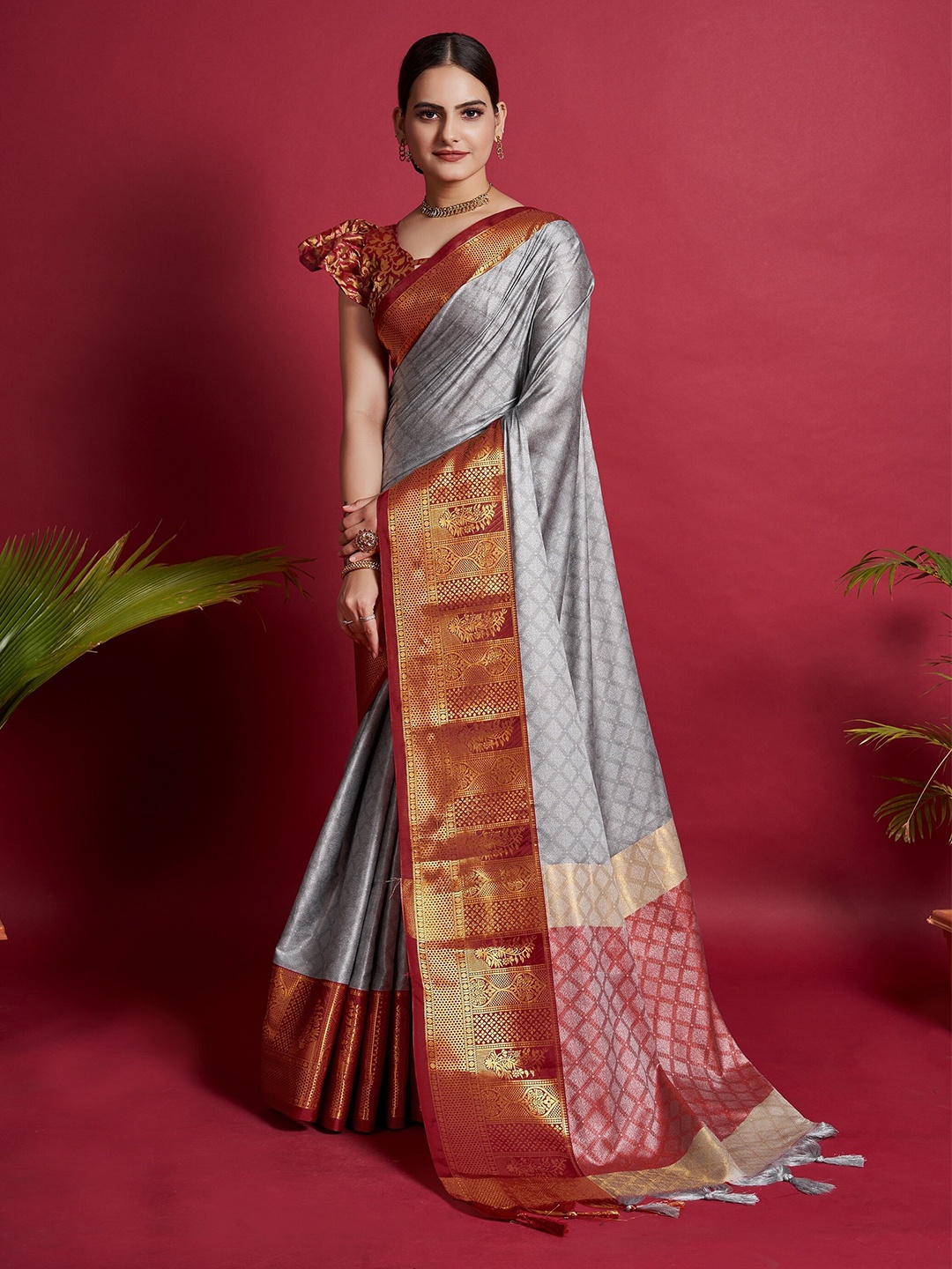 

VEDANT VASTRAM Ethnic Motifs Woven Design Zari Silk Blend Banarasi Saree, Grey