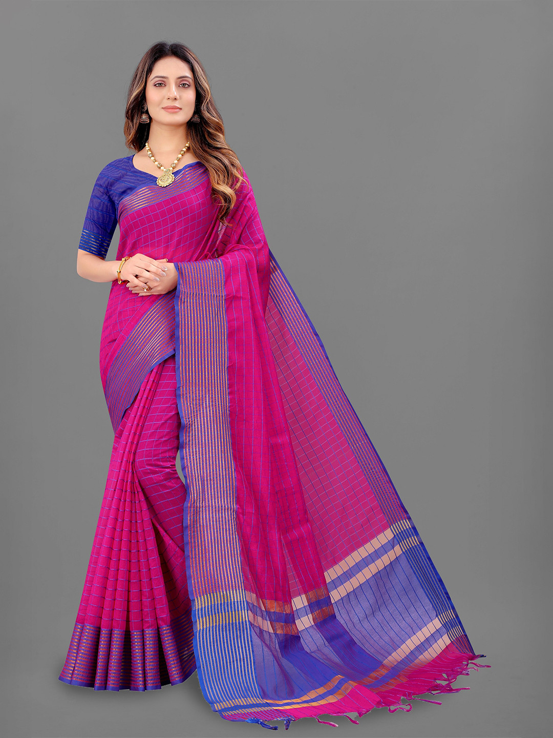 

VEDANT VASTRAM Checked Zari Silk Cotton Bhagalpuri Saree, Pink