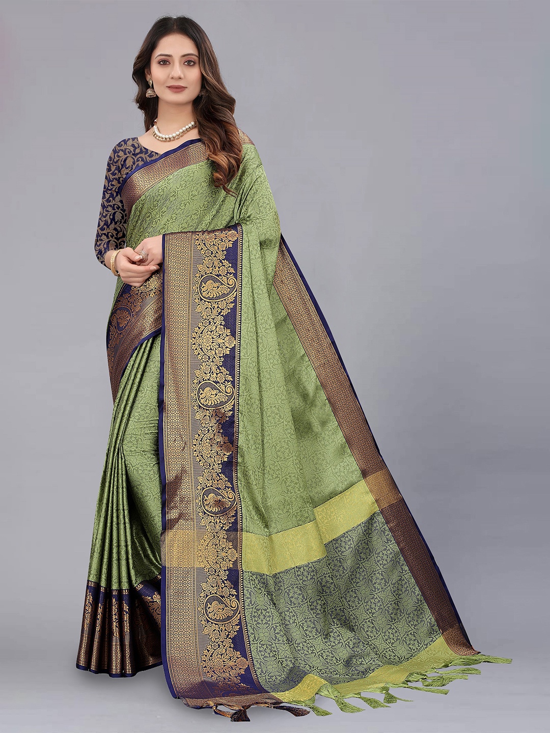 

VEDANT VASTRAM Ethnic Motifs Woven Design Zari Silk Cotton Banarasi Saree, Olive