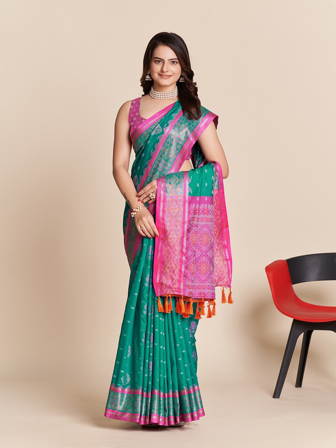 

VEDANT VASTRAM Ethnic Motifs Woven Design Zari Patola Saree, Teal